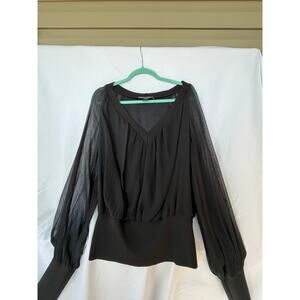 St John 100% Silk Knit Blouse L Black  Sheer Overlay Stretch Lined Luxury Top